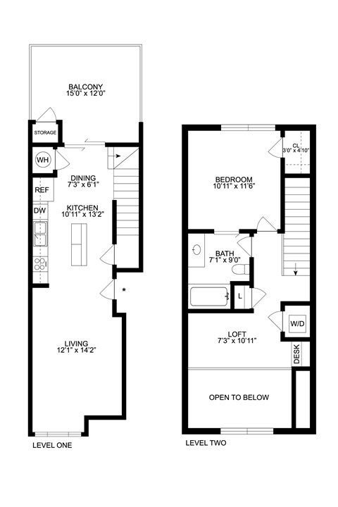 Floor plan for 1 bed, 1 bath, 807 sqft
